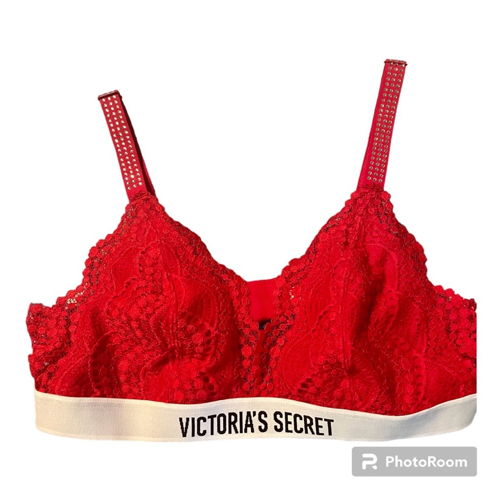 Victoria’s Secret red lace bralette | NWOT | bold logo  | rhinestone straps | M